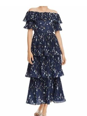 Aqua Off-Shoulder Navy Floral Tiered Maxi Dress Revolve Anthropologie Farm Rio